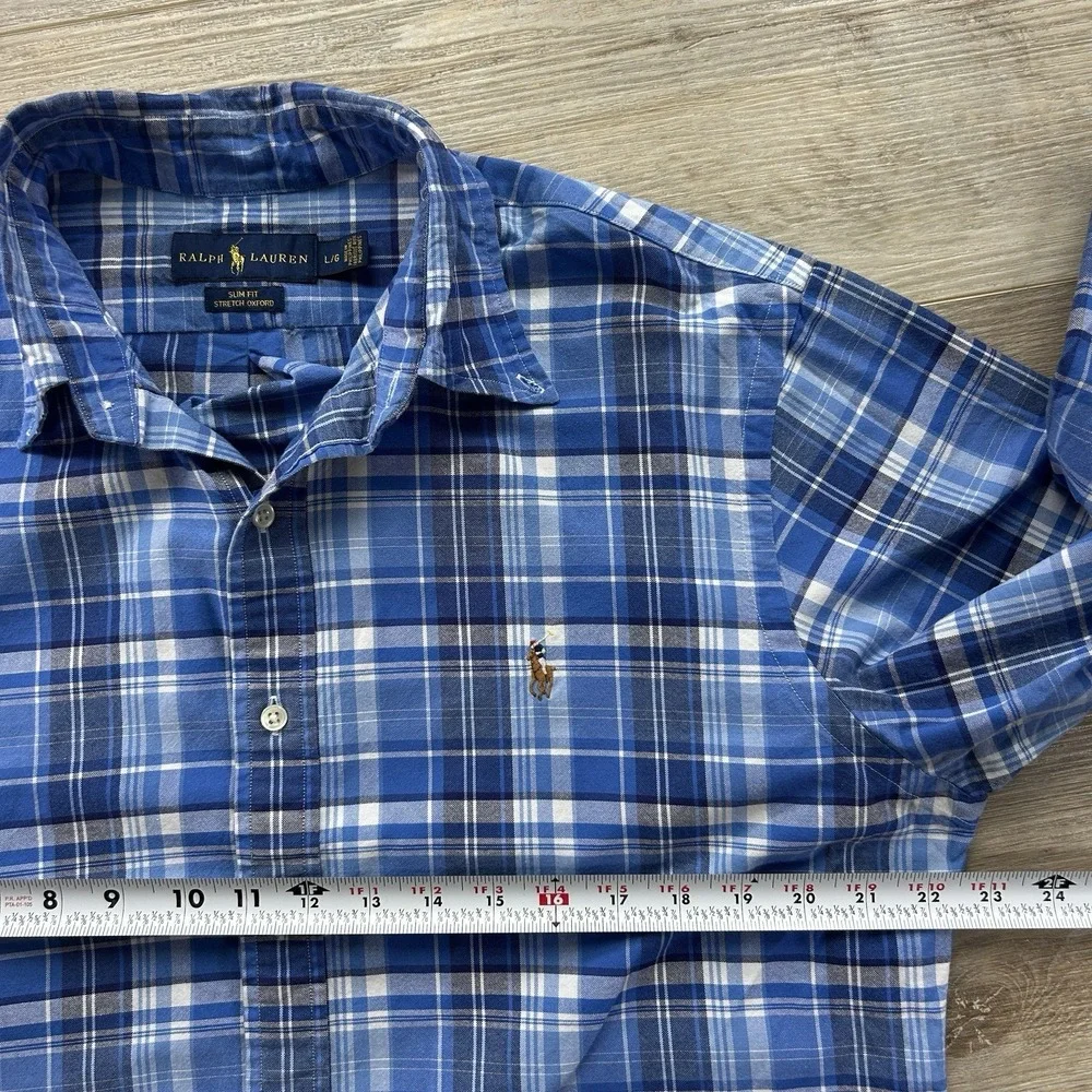 Polo Ralph Lauren Large Slim Fit Stretch Oxford Blue White Plaid Button Down